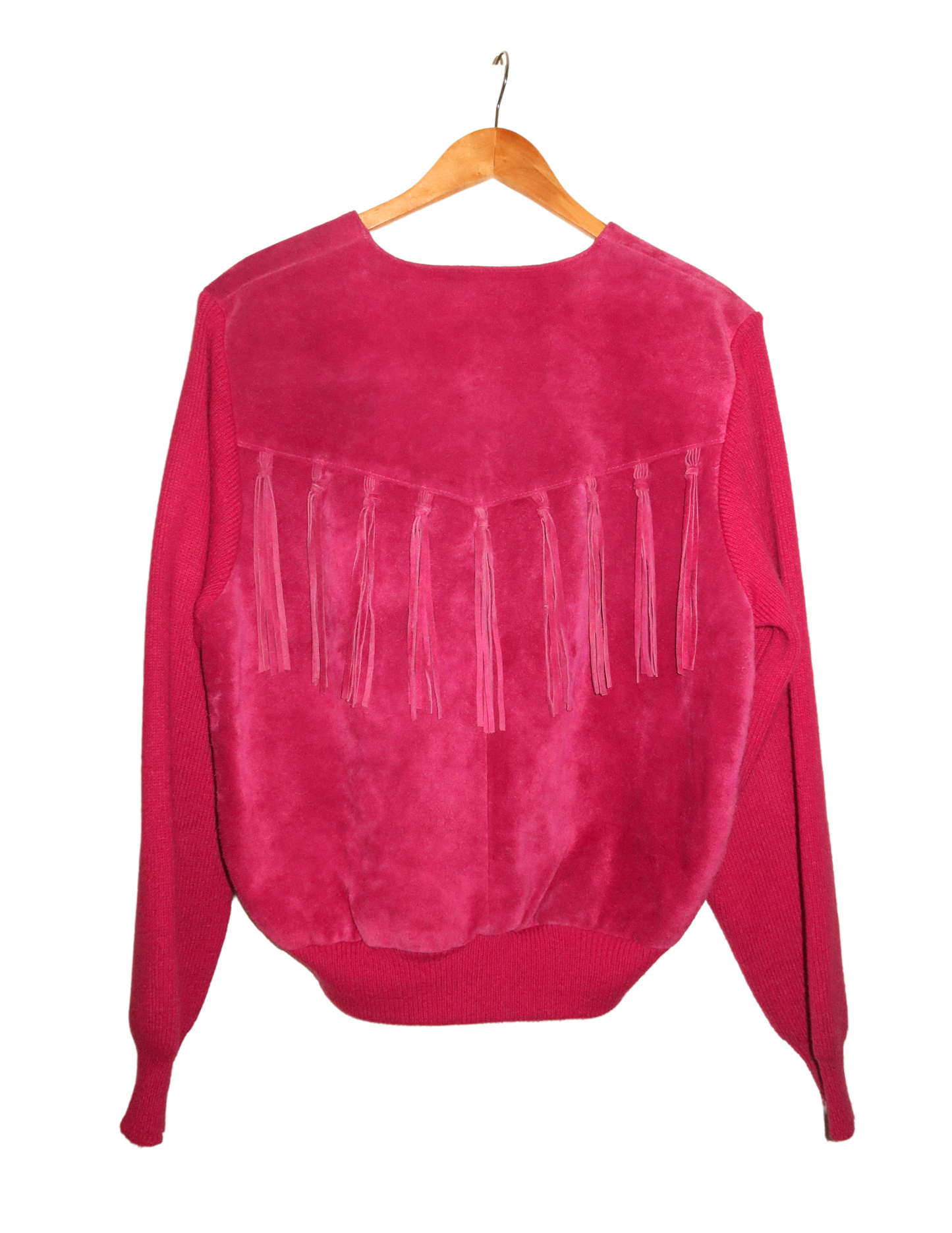 FUCHSIA SUEDE AND KNIT FRINGE SWEATER MEDIUM