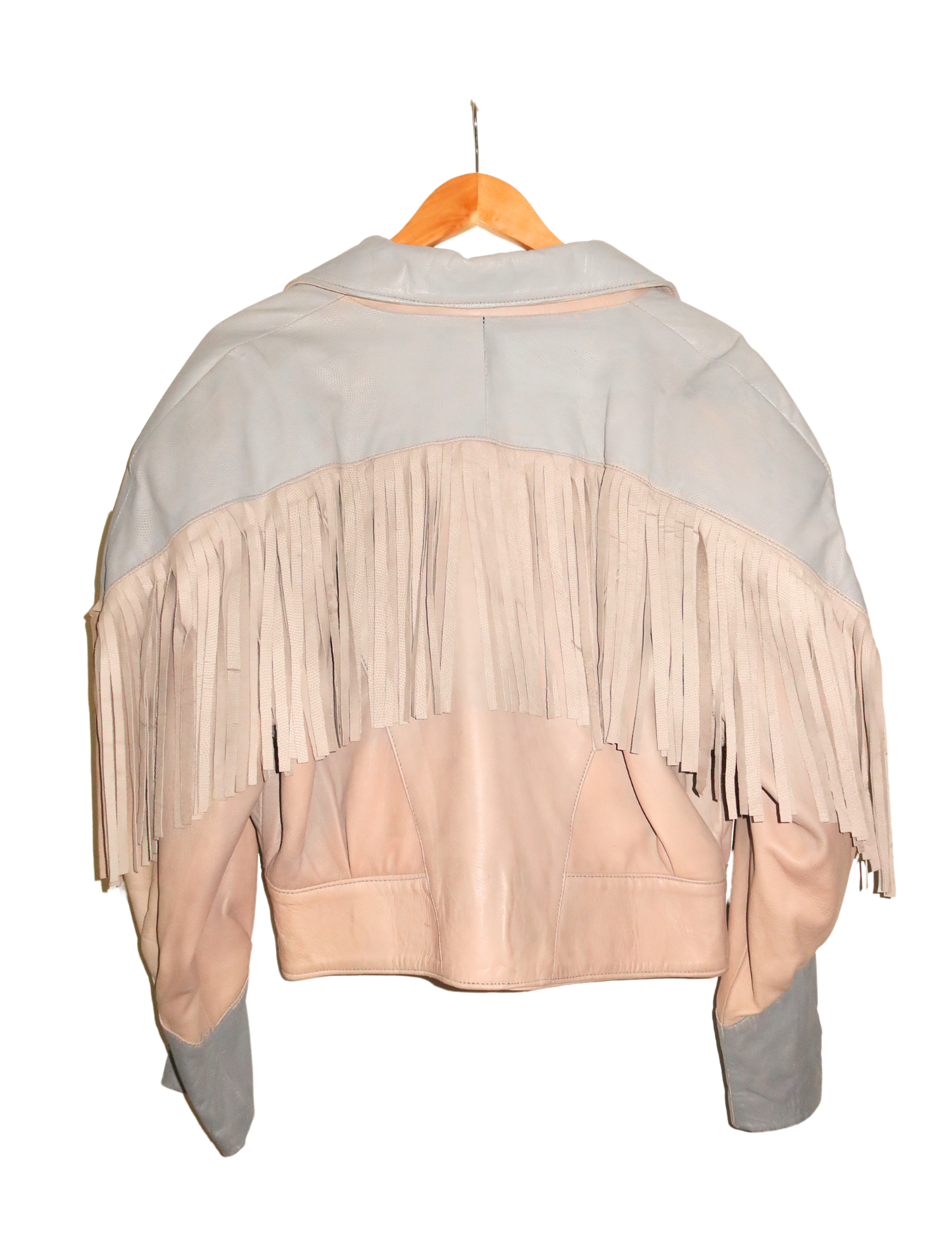 LIGHT BLUE FRINGE LEATHER JACKET MEDIUM