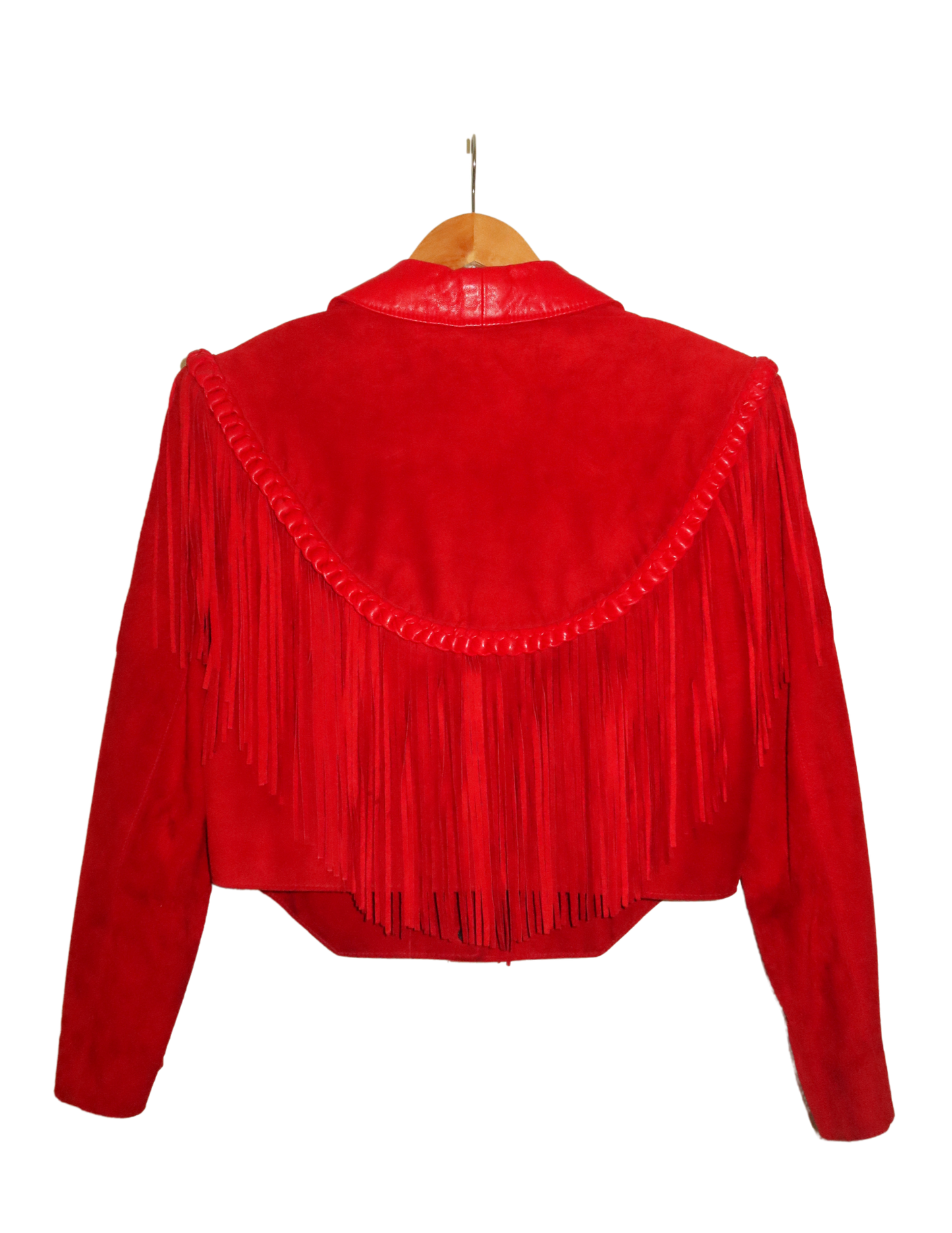 RED CROPPED FRINGE SUEDE JACKET SMALL