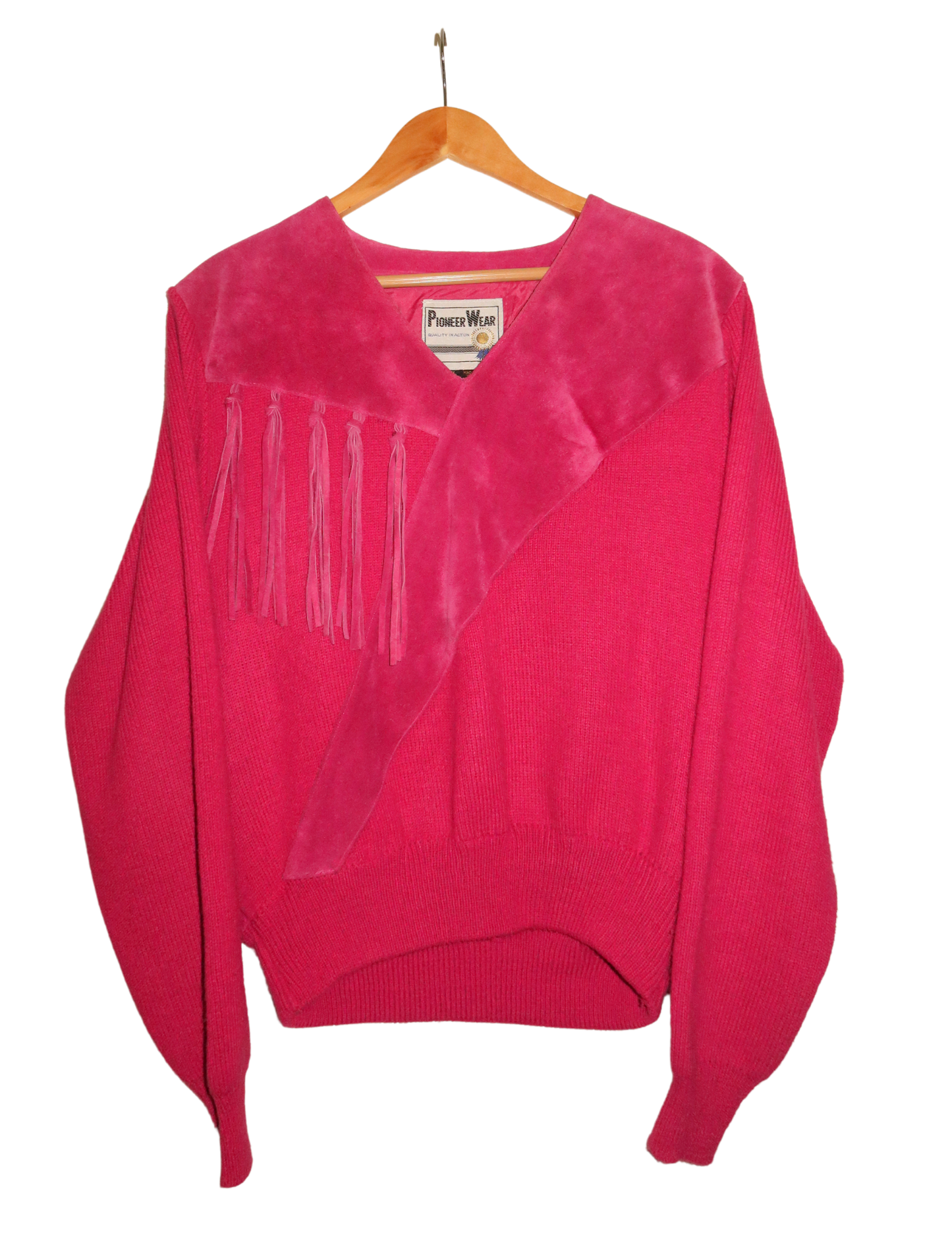 FUCHSIA SUEDE AND KNIT FRINGE SWEATER MEDIUM