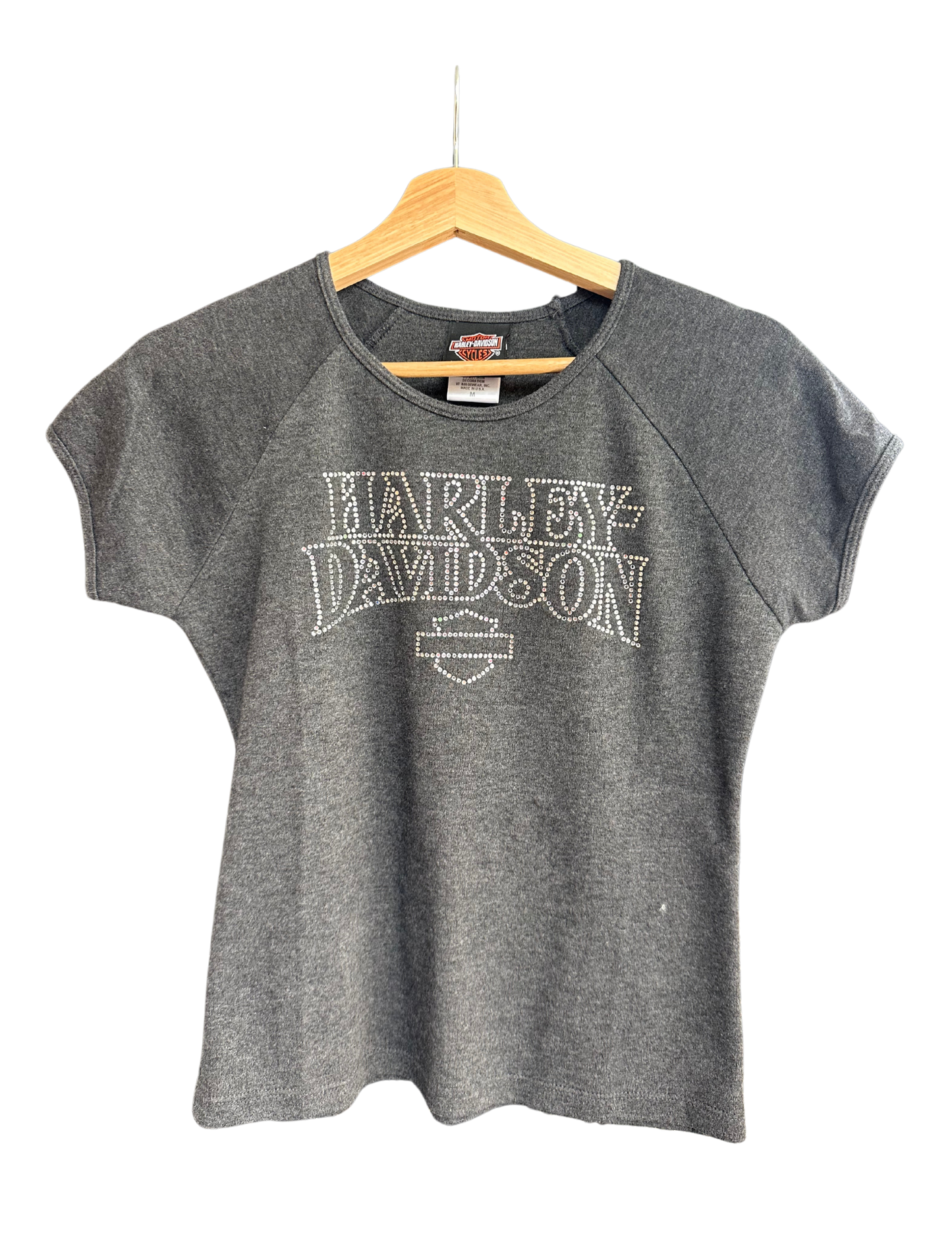 GREY HARLEY DAVIDSON RHINESTONE TEE MEDIUM