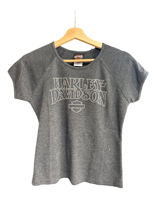 GREY HARLEY DAVIDSON RHINESTONE TEE MEDIUM