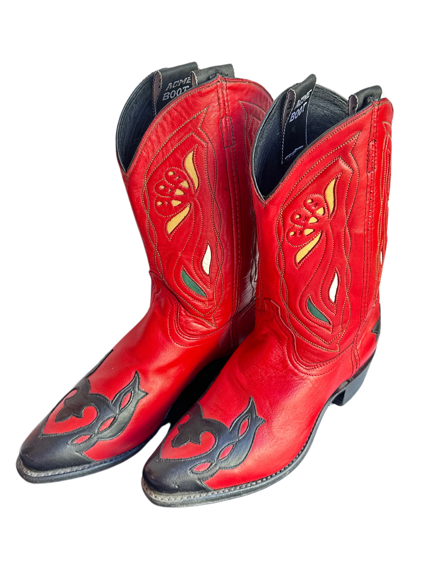 ACME RED INLAY COWBOY BOOTS SIZE 8.5